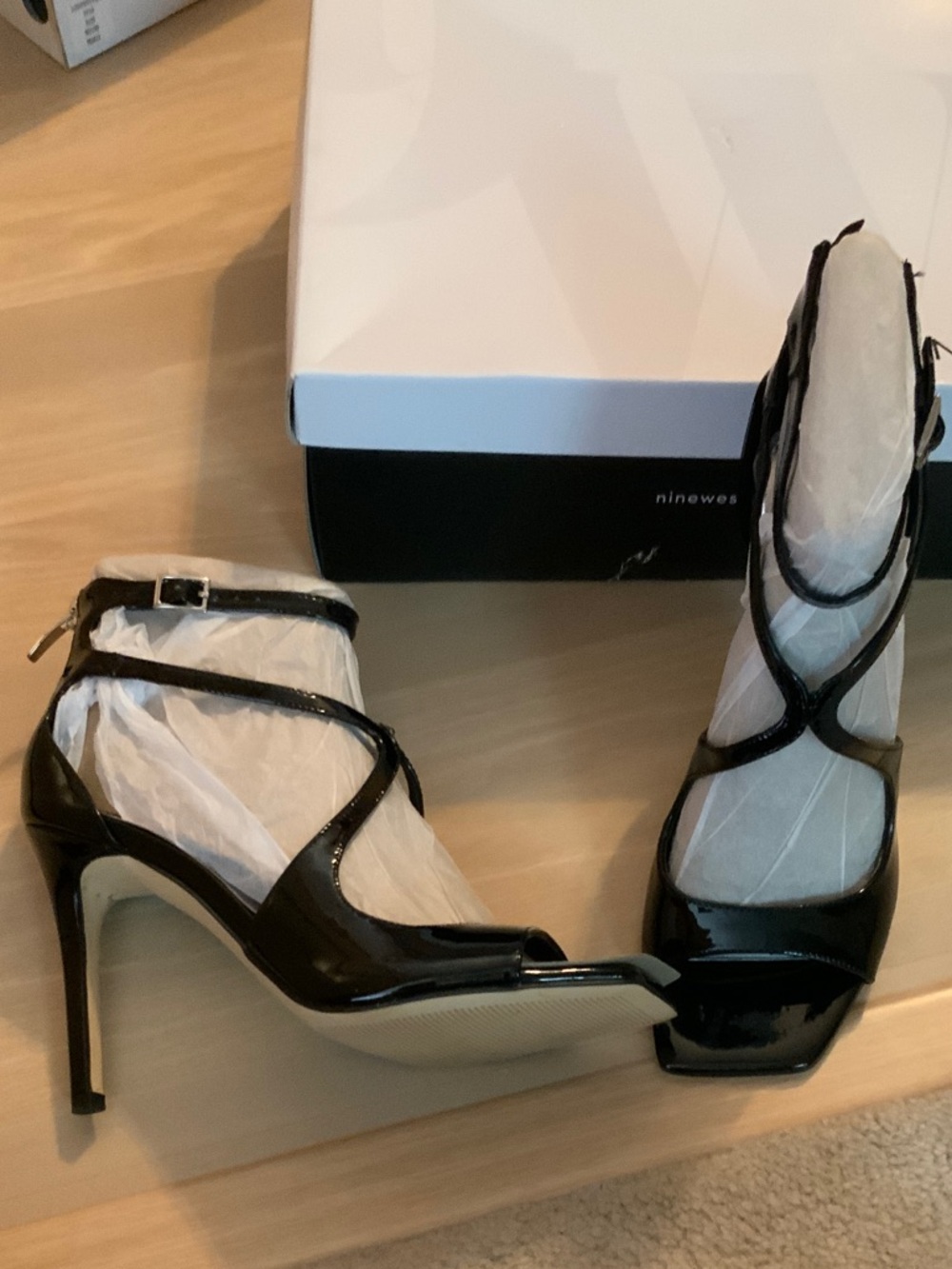 Nine West Black Patent Crisscross Peep-Toe Ankle Strap Heels